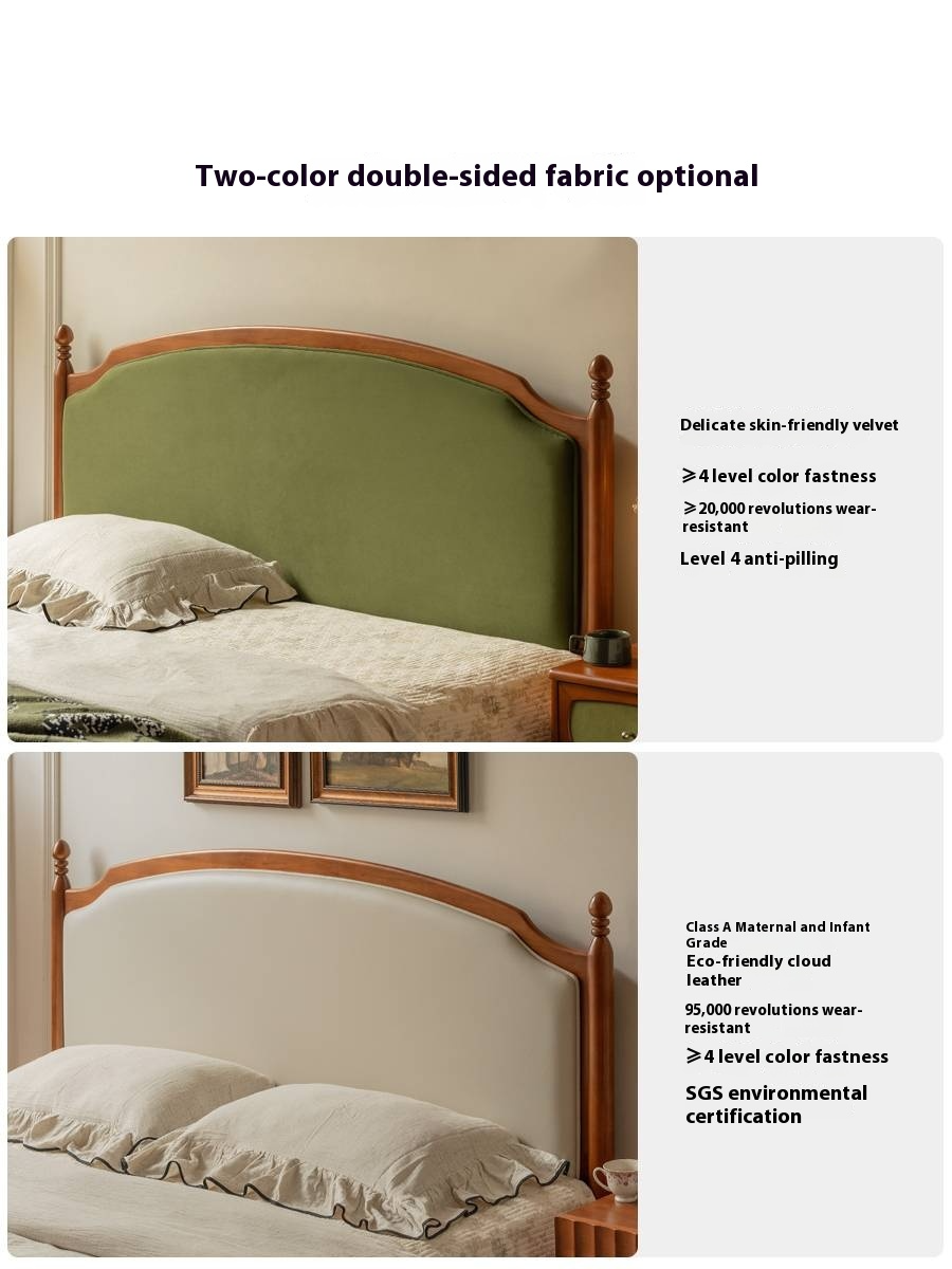 Poplar Solid Wood Bed – French Retro Design with Soft Fabric Upholstery