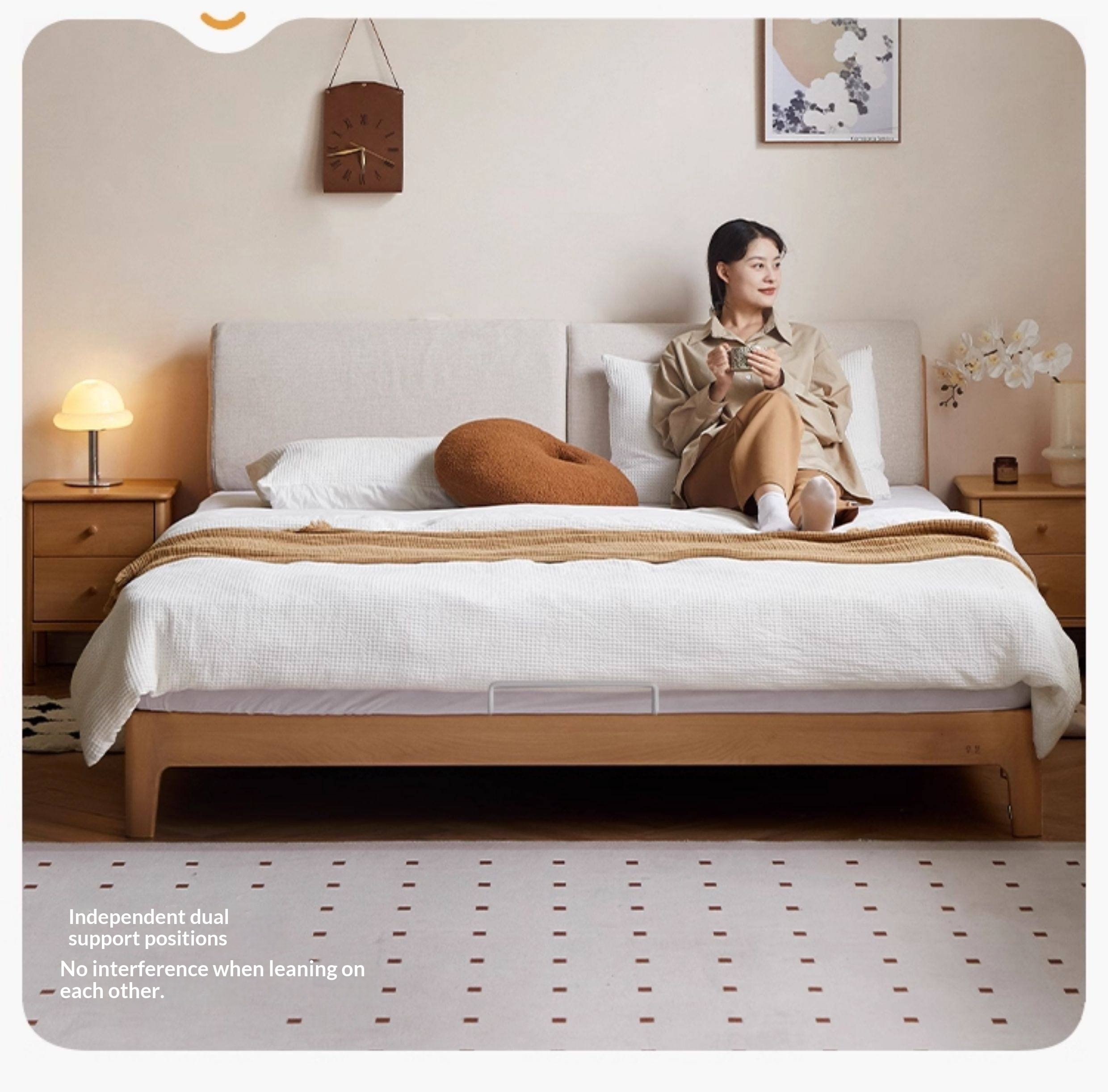 Beech Solid Wood Upholstered King Bed — Soft Headboard with Fabric Upholstery