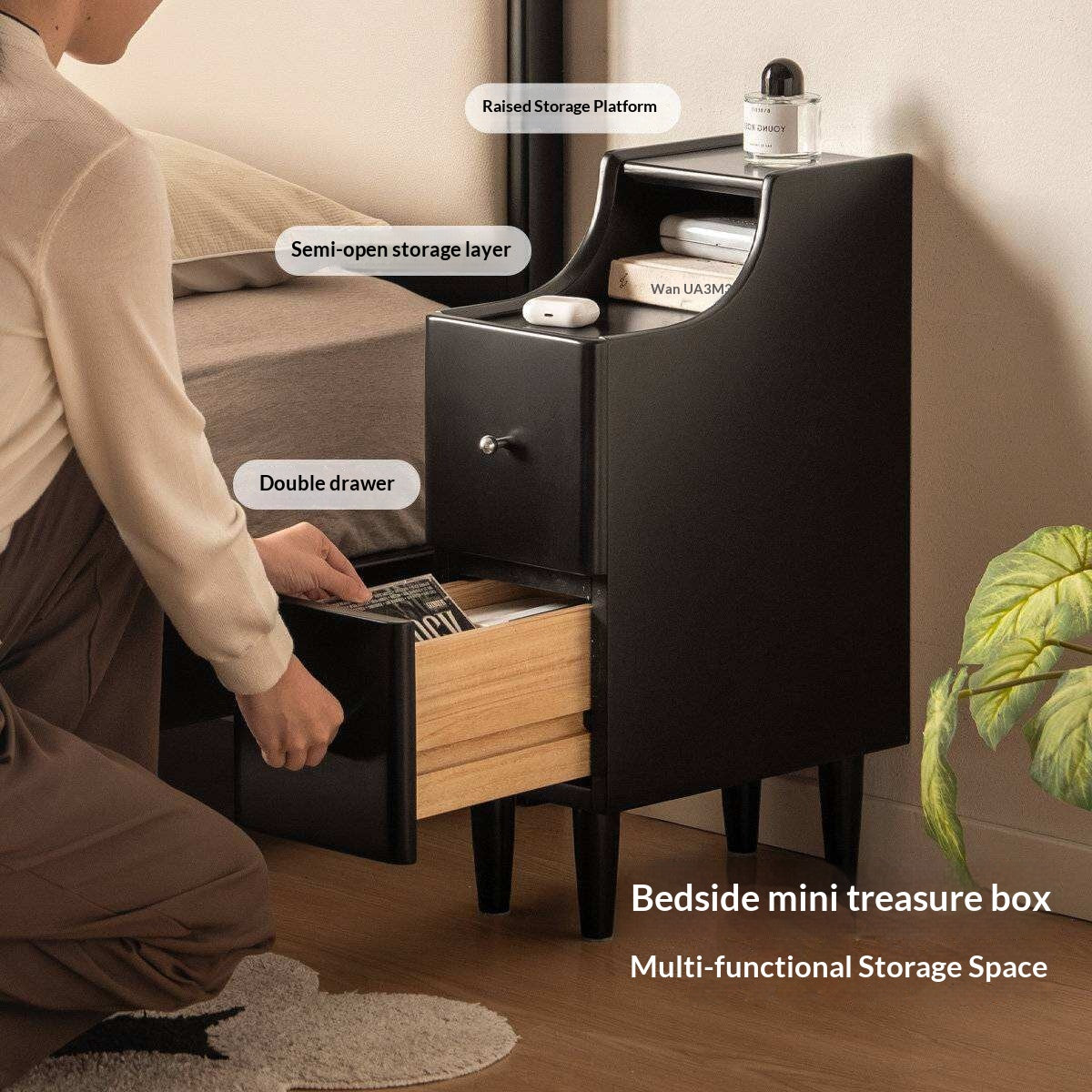 Solid RubberWood Ultra-Narrow Nightstand Storage Cabinet