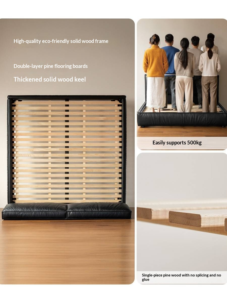 Genuine Leather Upholstered Bed — Black Large Bed, Italian Light Luxury Design