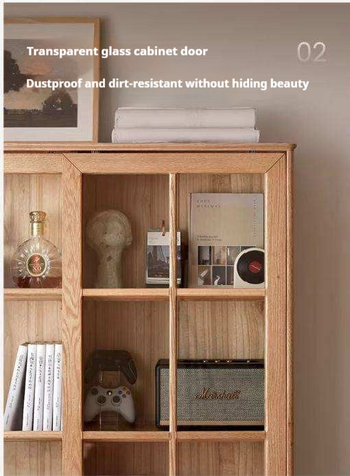 Ash Solid Wood Bookcase with Sliding Doors and Floor-to-Wall Glass Display Cabinet