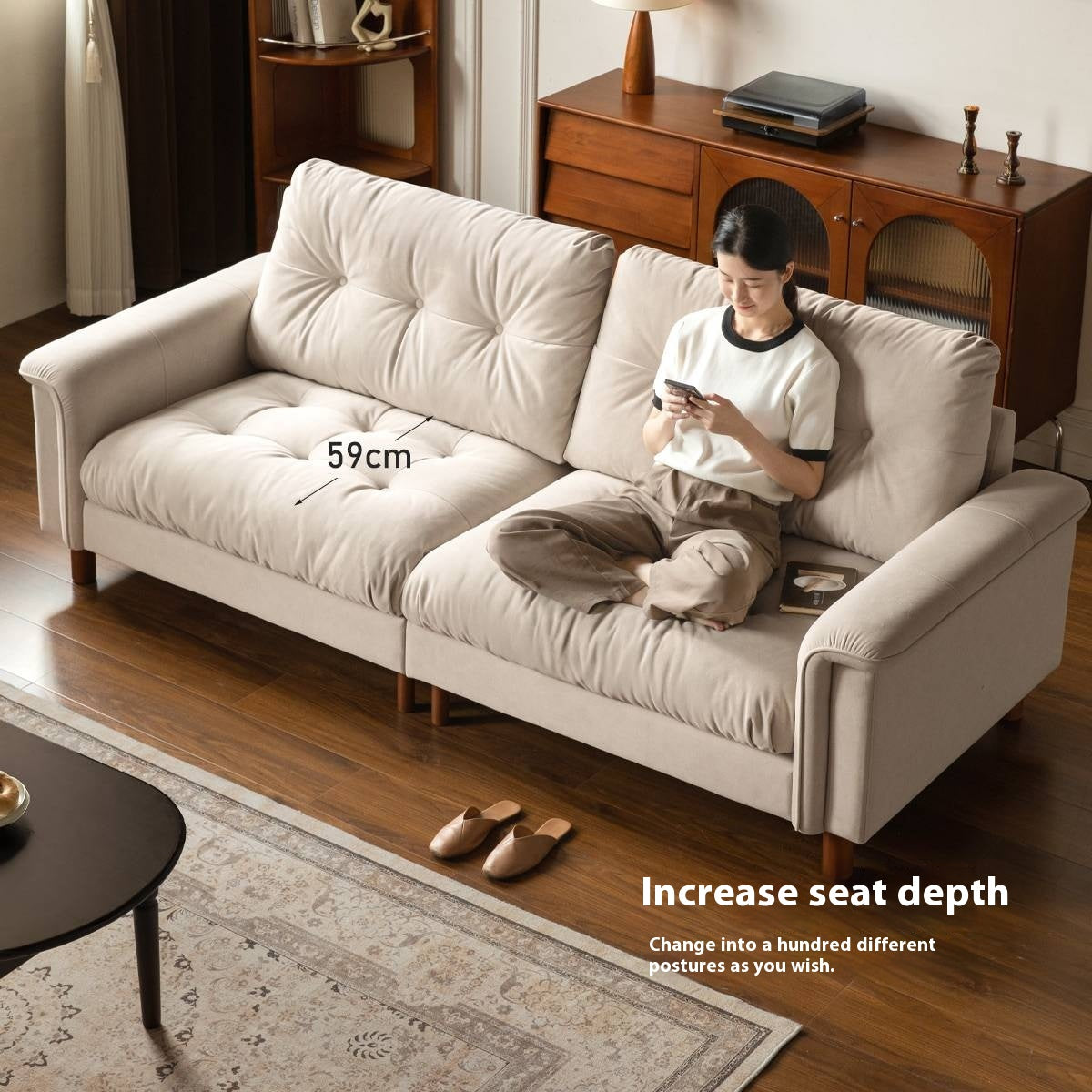 French Retro Fabric Sofa – High-Back with Pet-Friendly Scratch-Resistant Fabric