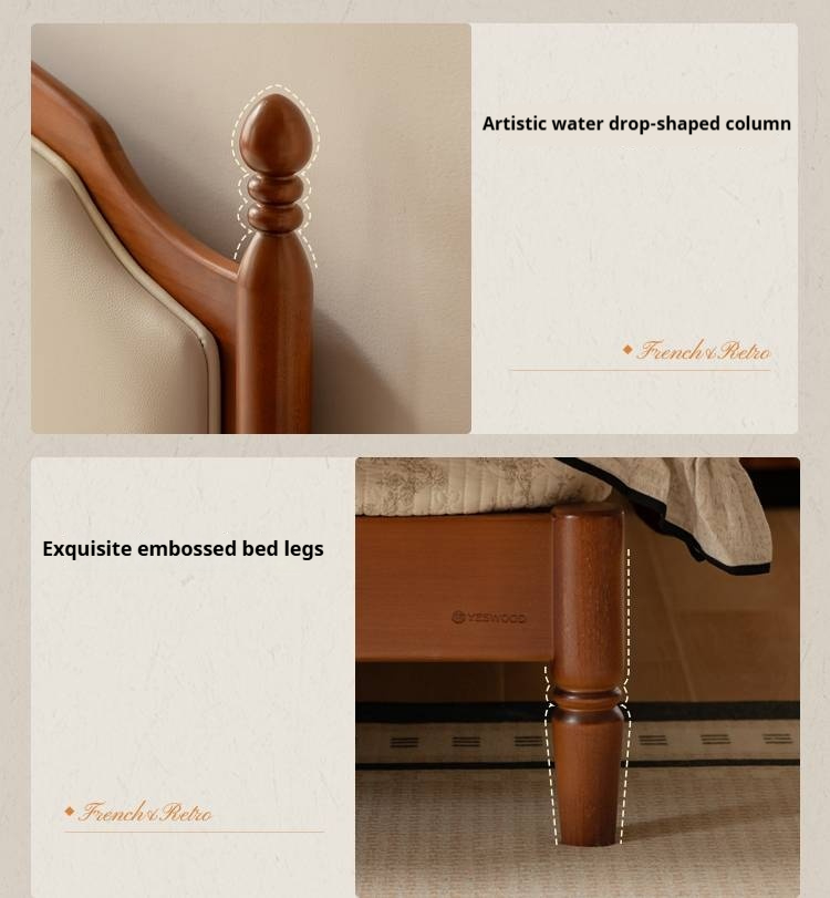 Poplar Solid Wood Bed – French Retro Design with Soft Fabric Upholstery