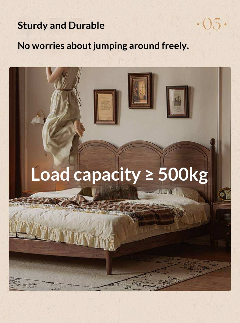 Black Walnut Solid Wood Bed with Arched French Country Headboard and Spindle Legs