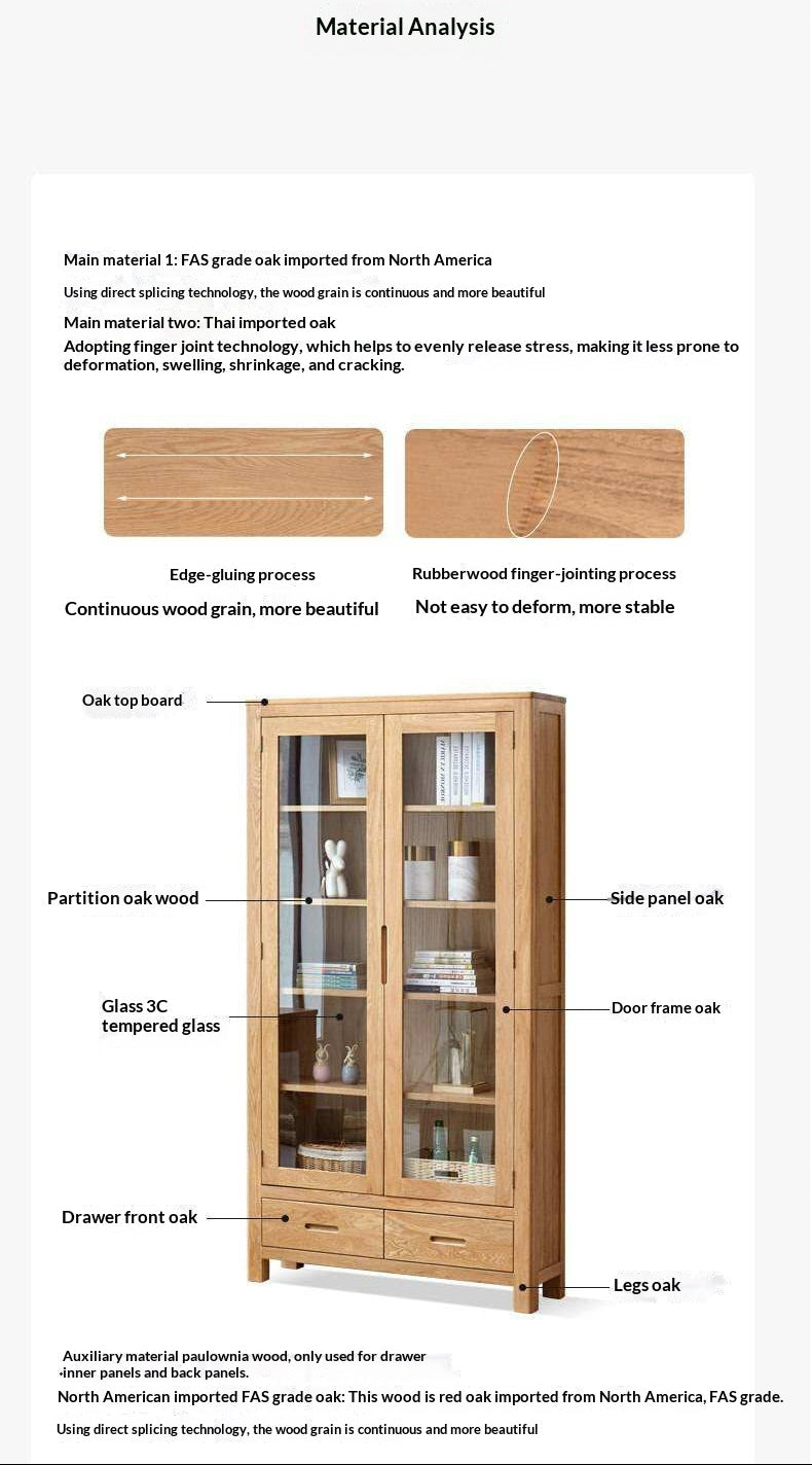 Oak, Solid Rubberwood Modern Bookcase with Glass Door Display Cabinet