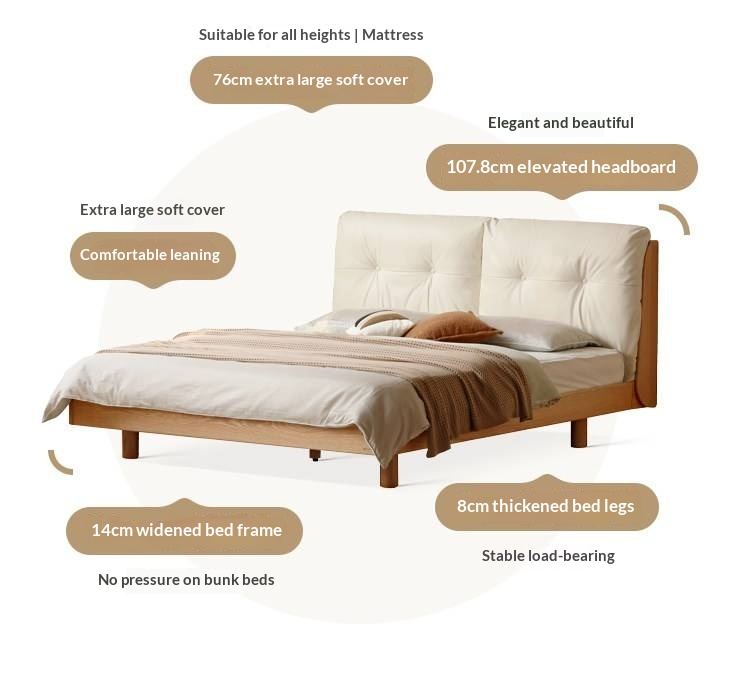 Oak Solid Wood Bed — Modern Minimalist, Genuine Leather Upholstered, Floating Design with Light