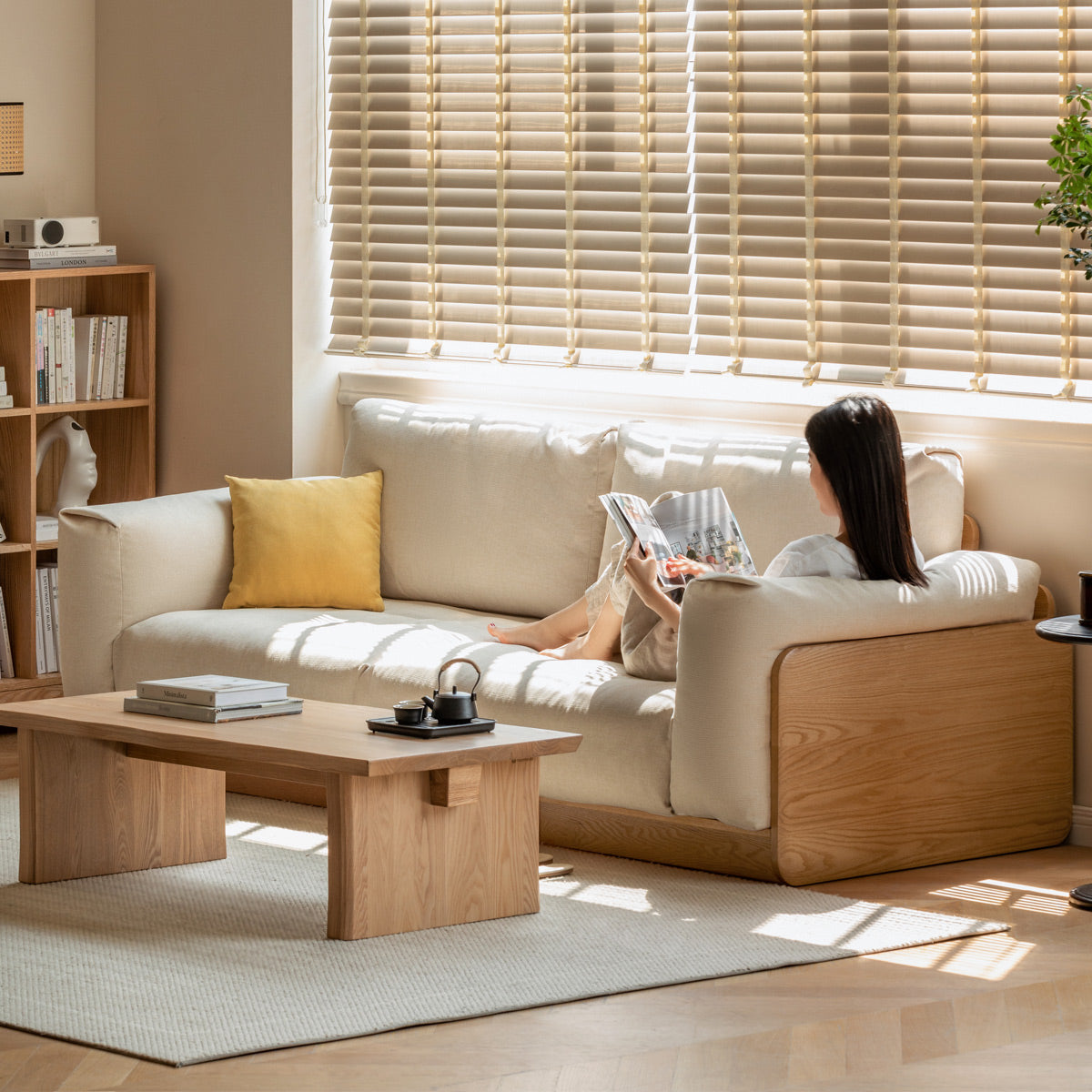 Oak Solid Wood Down Fabric Sofa.