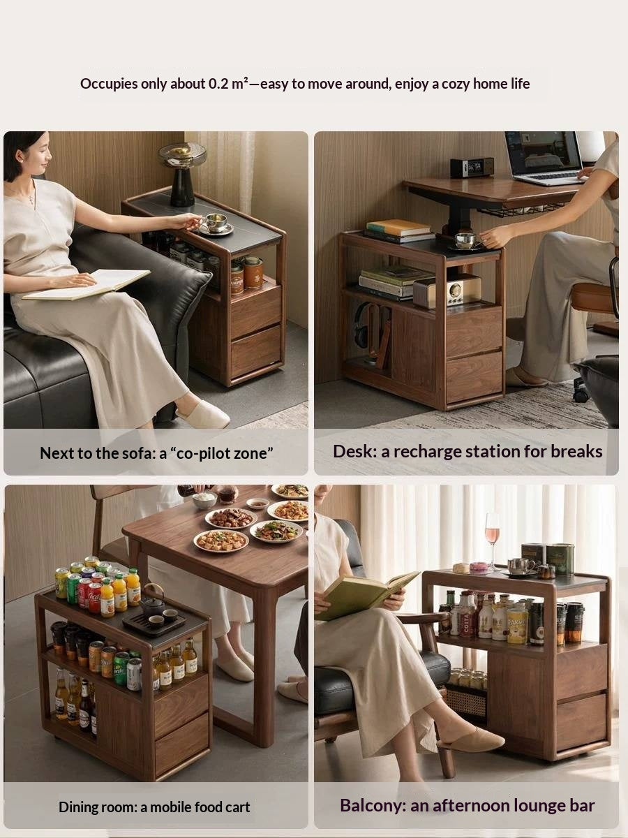 Black Walnut, Sandalwood, Oak, Ash Rolling Side Table with Stone Top and Open Storage Shelves
