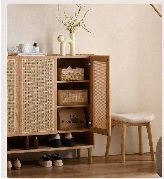 Oak Solid Wood Shoe Cabinet with Large Capacity and Vine Weaving Design