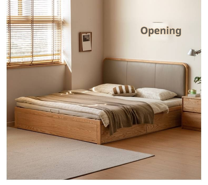 Oak Solid Wood Genuine Leather, Eco-leather Box Bed