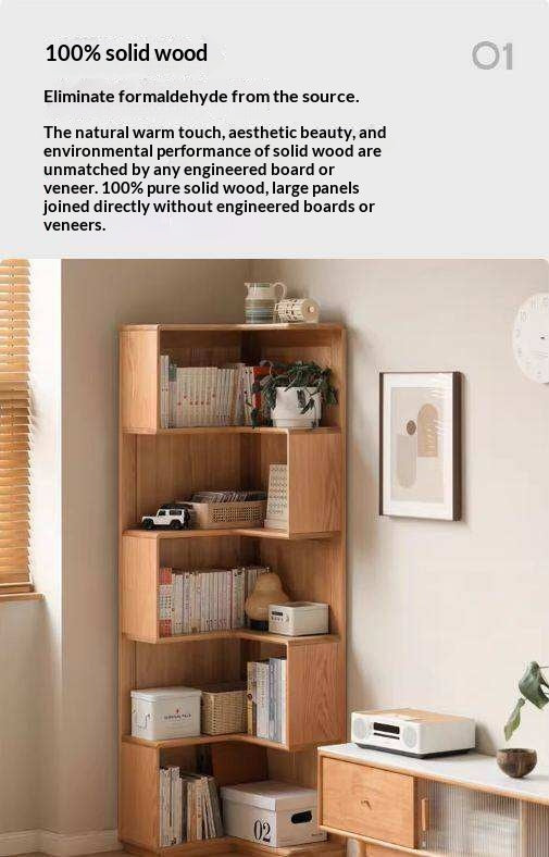 Oak Solid Wood Corner Bookshelf with Floor-Standing Storage Cabinet