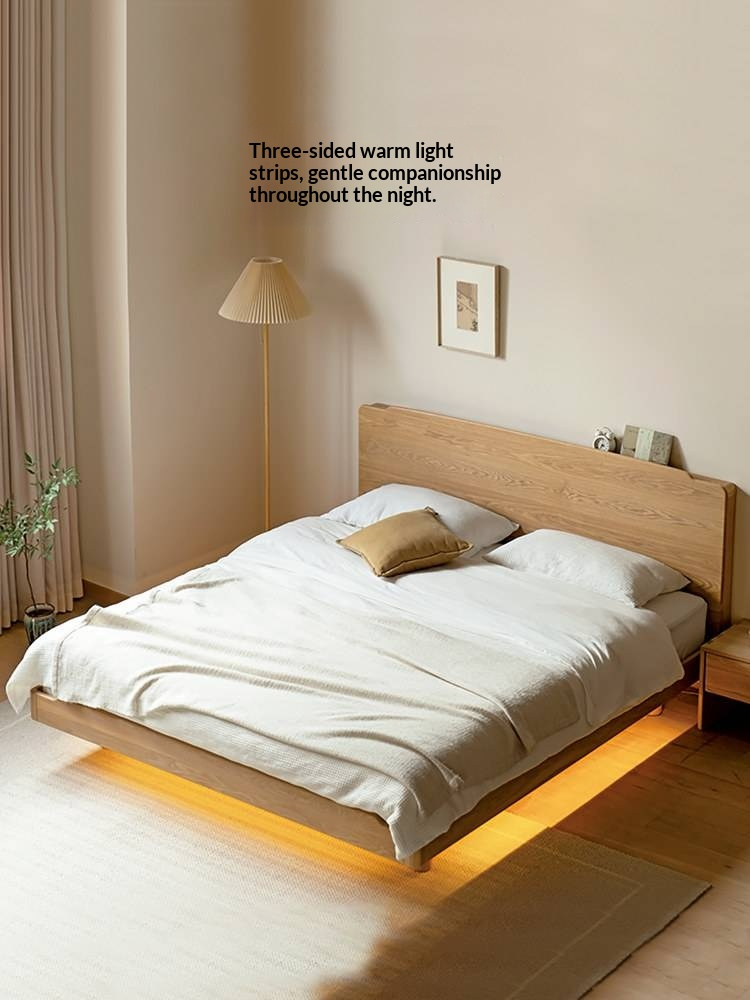 Ash Solid Wood Floating Bed — Large Slab, Simple Modern Design