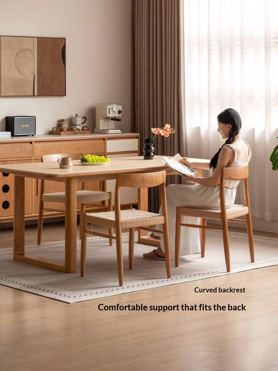 4 pcs -Cherry Solid Wood Dining Chair with Woven Cord Seat, Scandinavian Modern