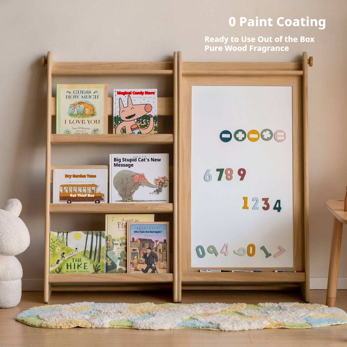 Poplar Solid Wood Children’s Bookcase with Drawing Board and Storage Shelf