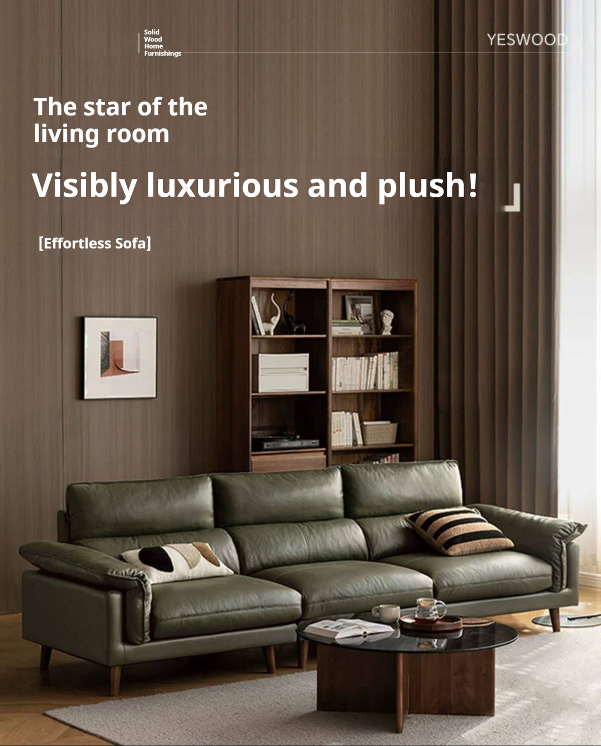Genuine Leather Deep-Seat High-Back Sofa with Feather-Filled Cushions and Beech Wood Legs