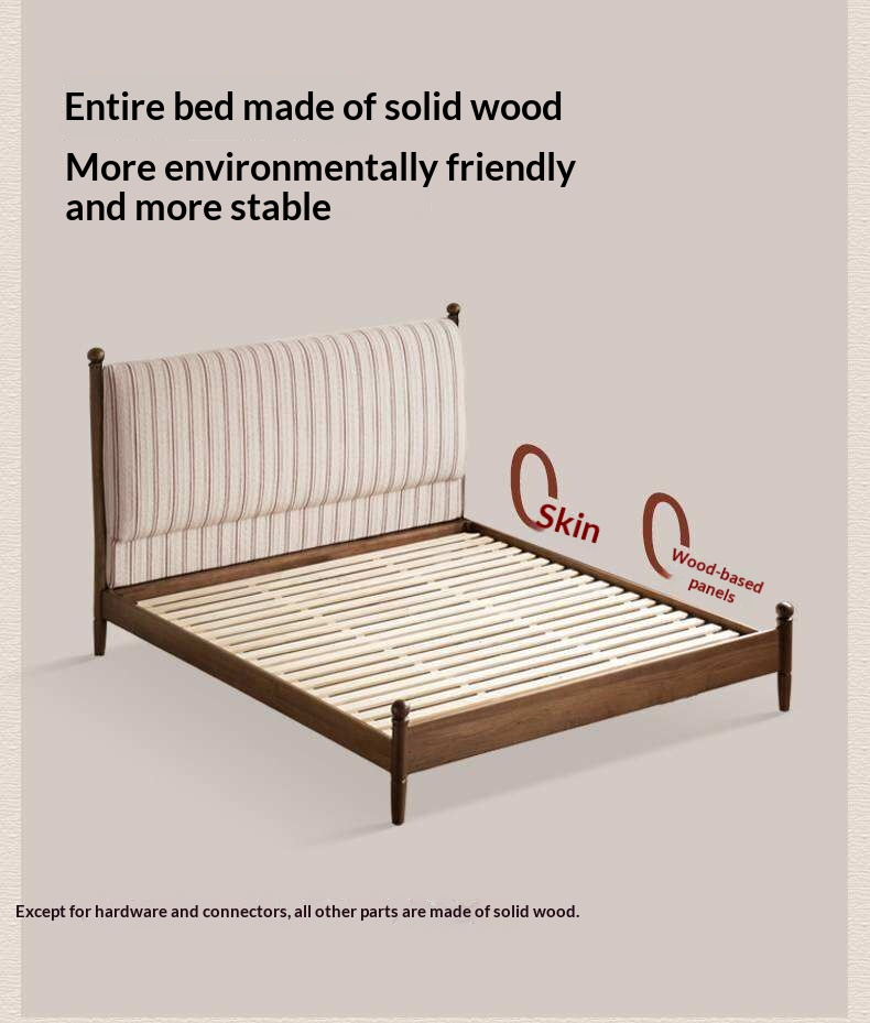 Black Walnut Solid Wood Striped Upholstered Panel Bed