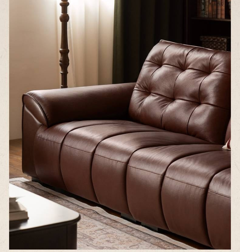 Genuine Leather American Retro High-Back Sofa with Checkerboard Black Bear Pattern