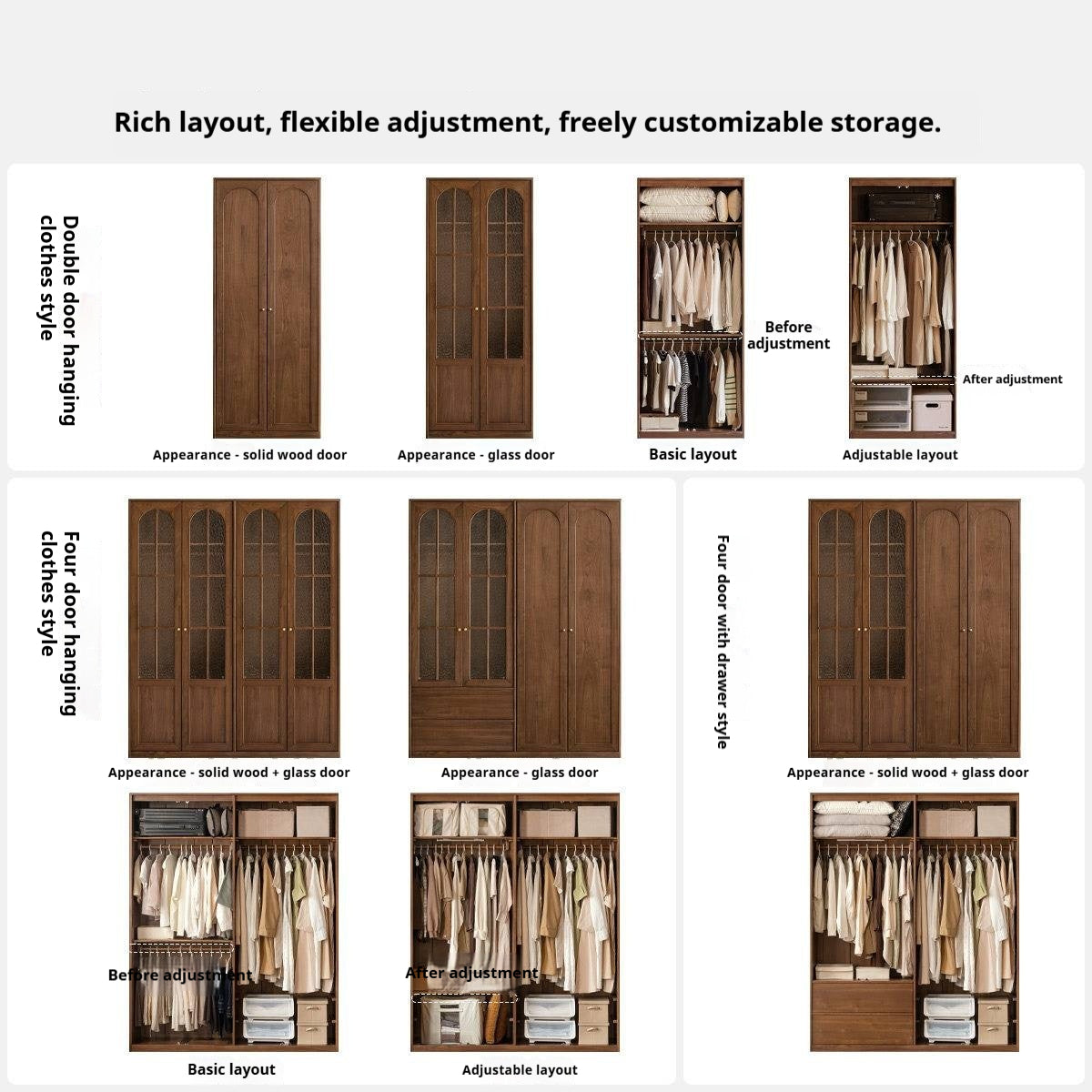 Black Walnut Solid Wood Wardrobe with French Retro Style and Double Doors