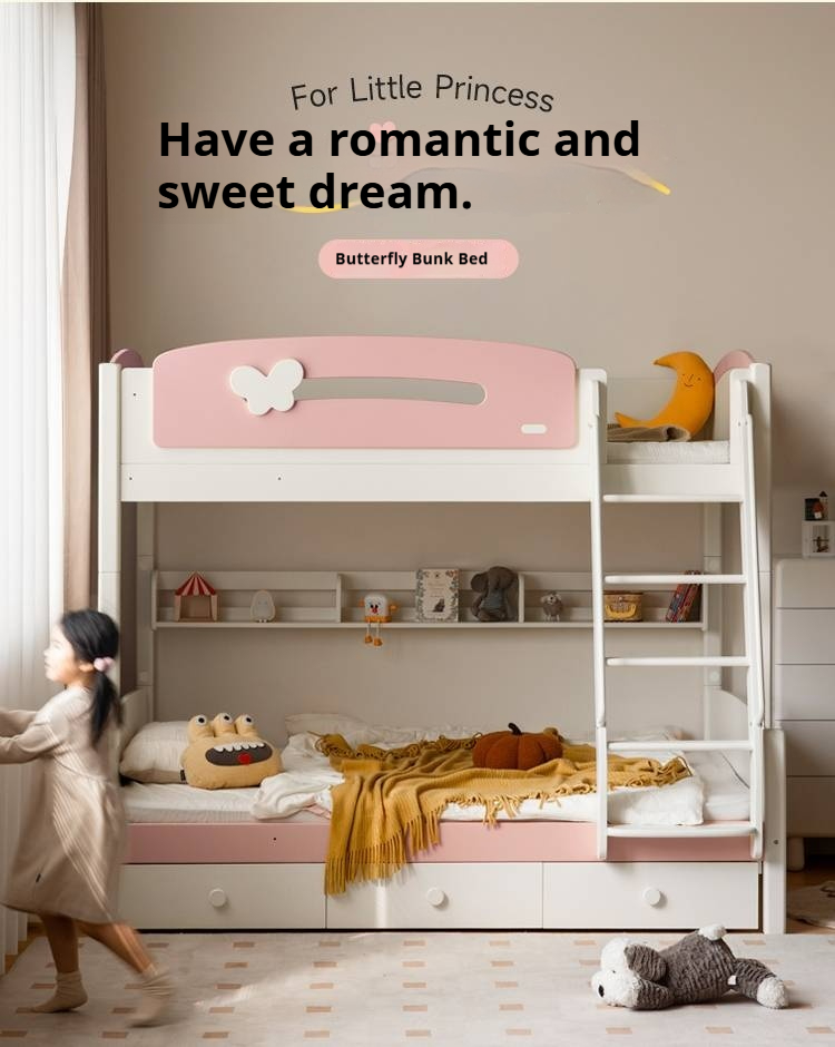 Rubberwood Solid Wood Children's Princess Storage Bunk Bed