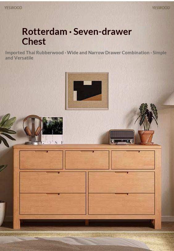 Solid Rubberwood Chest of Drawers with Seven Drawers in Modern Minimalist Style