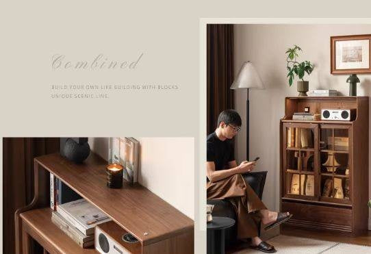 Black Walnut, Oak Solid Wood Bookcase with Storage Cabinet and Built-In Light