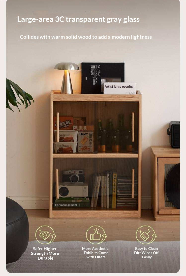 Oak Solid Wood Modern Minimalist Low Bookcase and Storage Cabinet