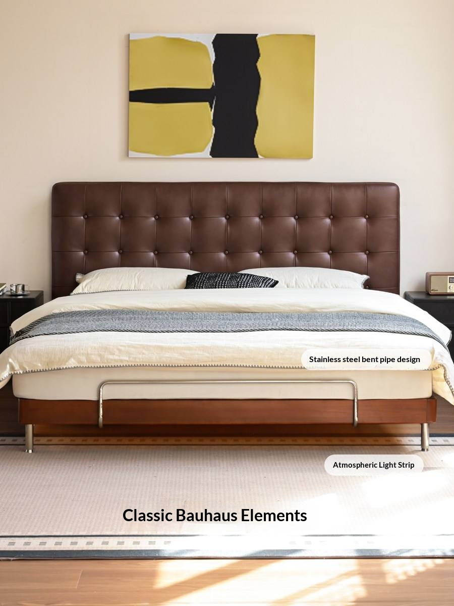 Tulipwood Solid Wood Bed — Bauhaus Style with Soft Genuine Leather Headboard