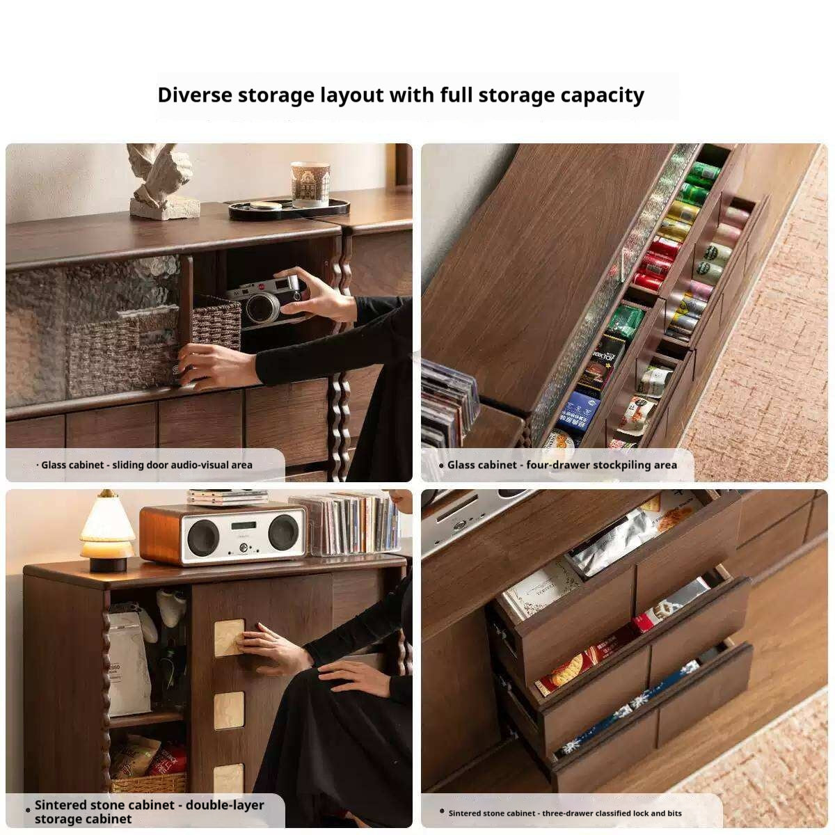 Black Walnut Solid Wood Tall TV Cabinet Modular Sideboard, Mid Century Gallery Style Storage Cabinet with Fluted Details