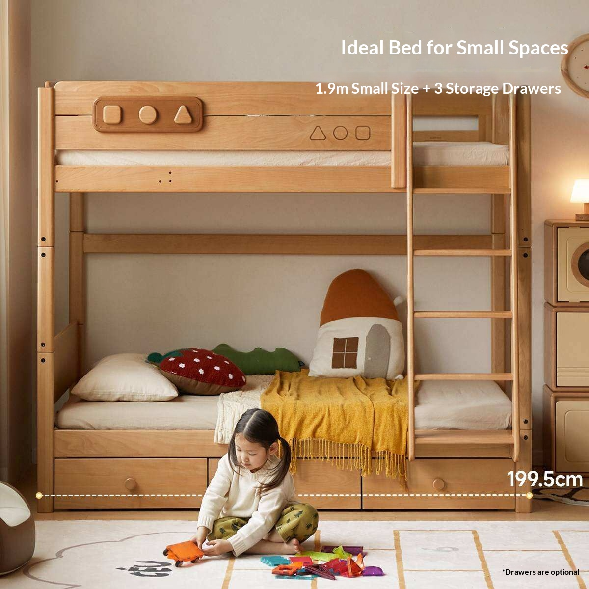 Beech Solid Wood Convertible Bunk Bed with Storage Drawers