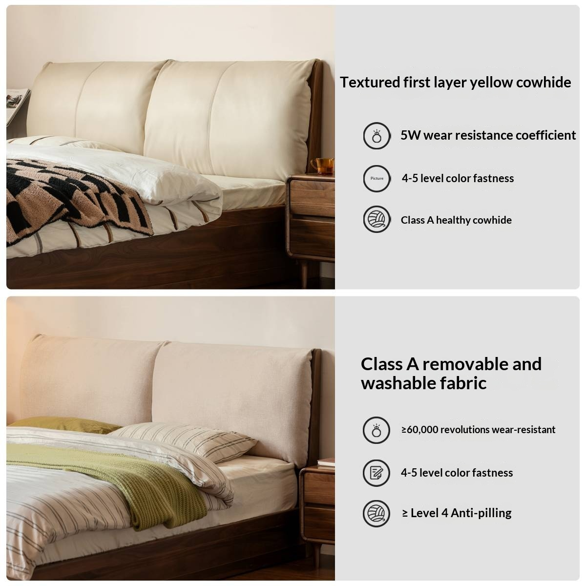 Black Walnut Solid Wood Box Bed — Luxury Genuine Leather Bed with Soft Backrest