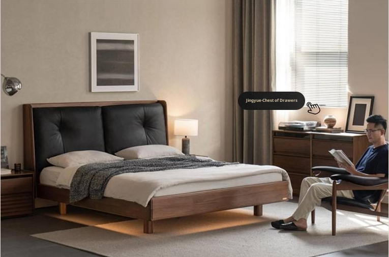 Black Walnut Solid Wood Italian Light Luxury Genuine Leather Soft Bed