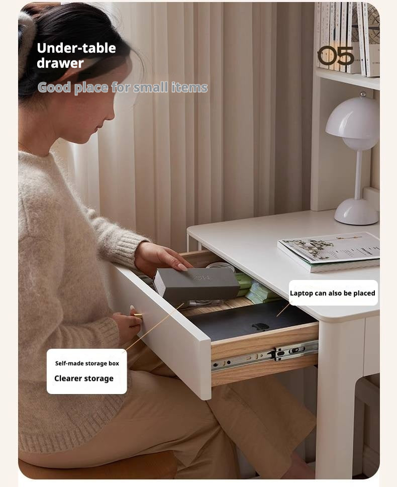 Poplar, Solid Rubberwood Rock Board Desk Bookshelf Integrated White Cream