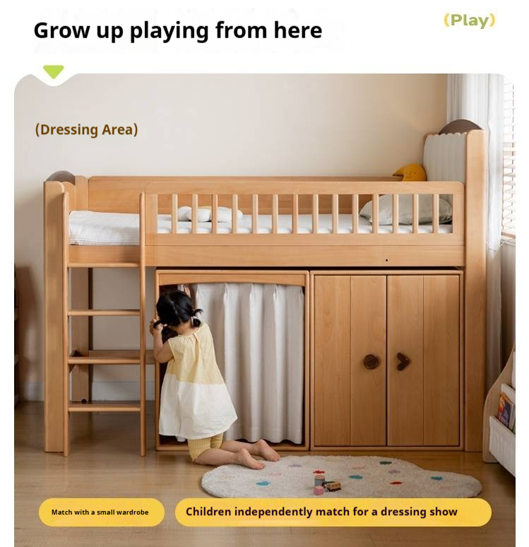 Beech Solid Wood Children's Soft Backrest Storage Loft Bed with Night Light