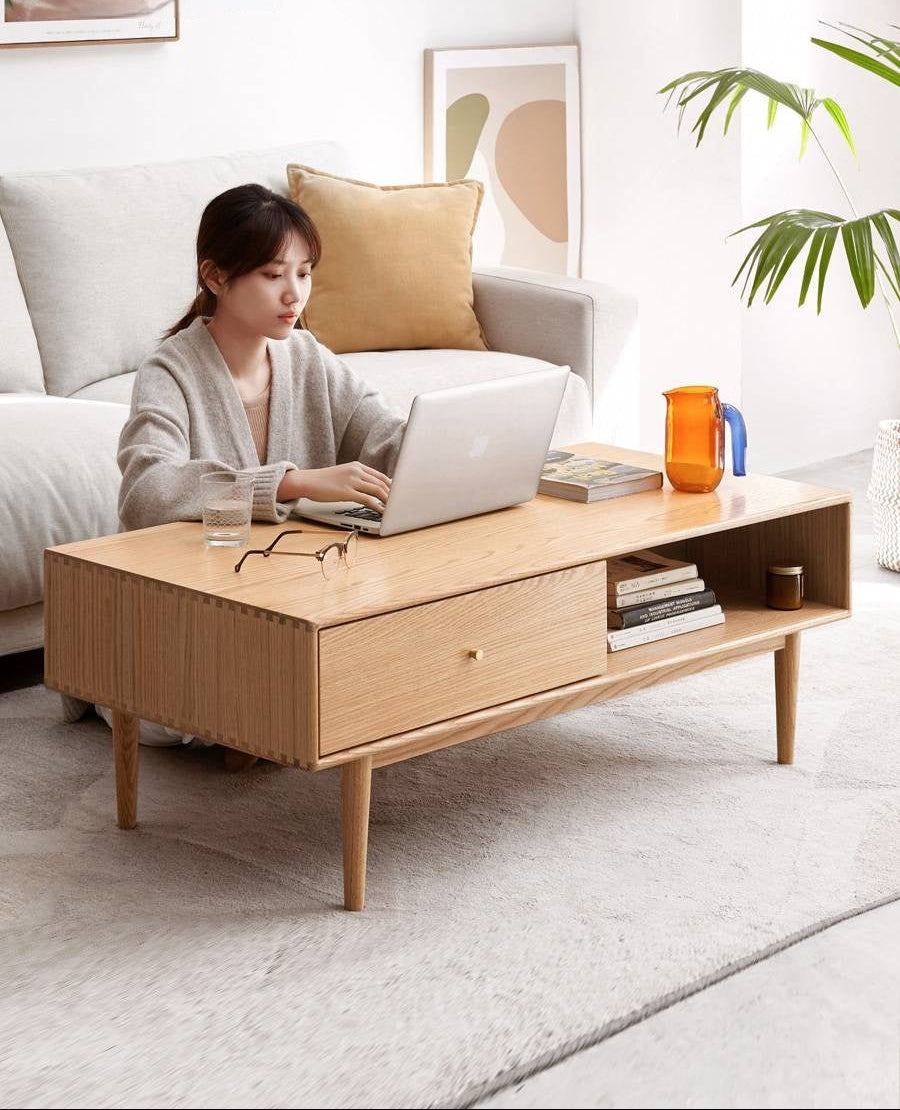 Oak Solid Wood Modern Style Rattan Coffee Table