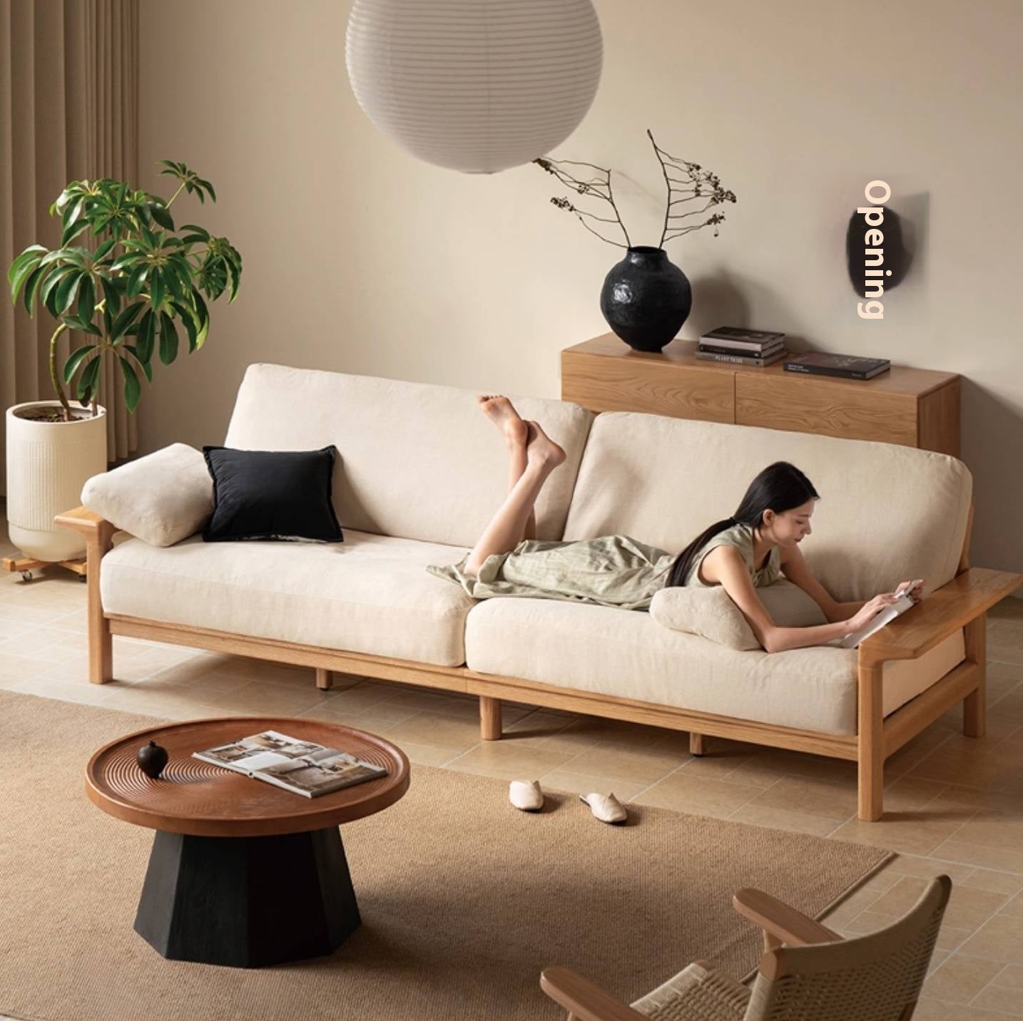 Oak, Ash Solid Wood Wabi Sabi Style Genuine Leather Sofa, fabric sofa