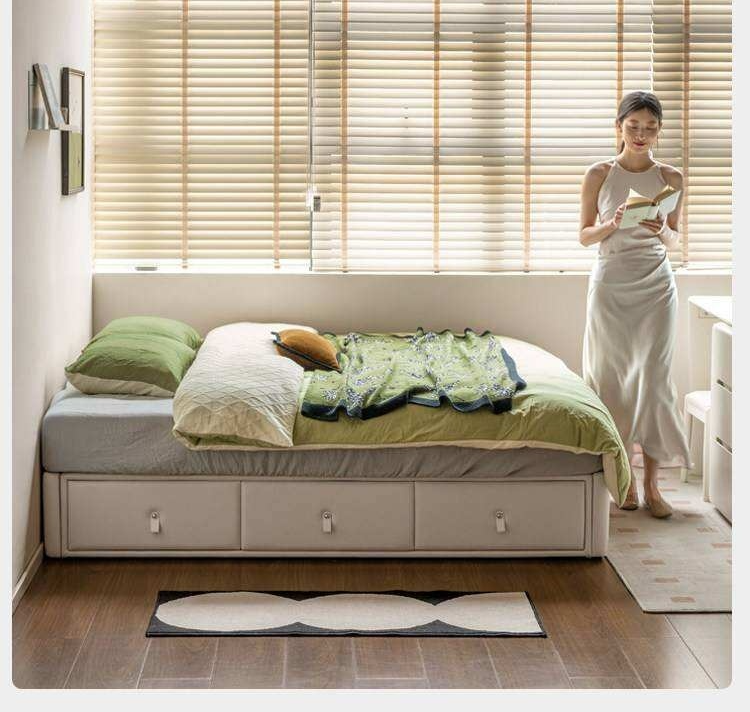 Upholstered Storage Platform Bed, Modern Minimalist White Eco Leather Tatami Bed with Box Storage