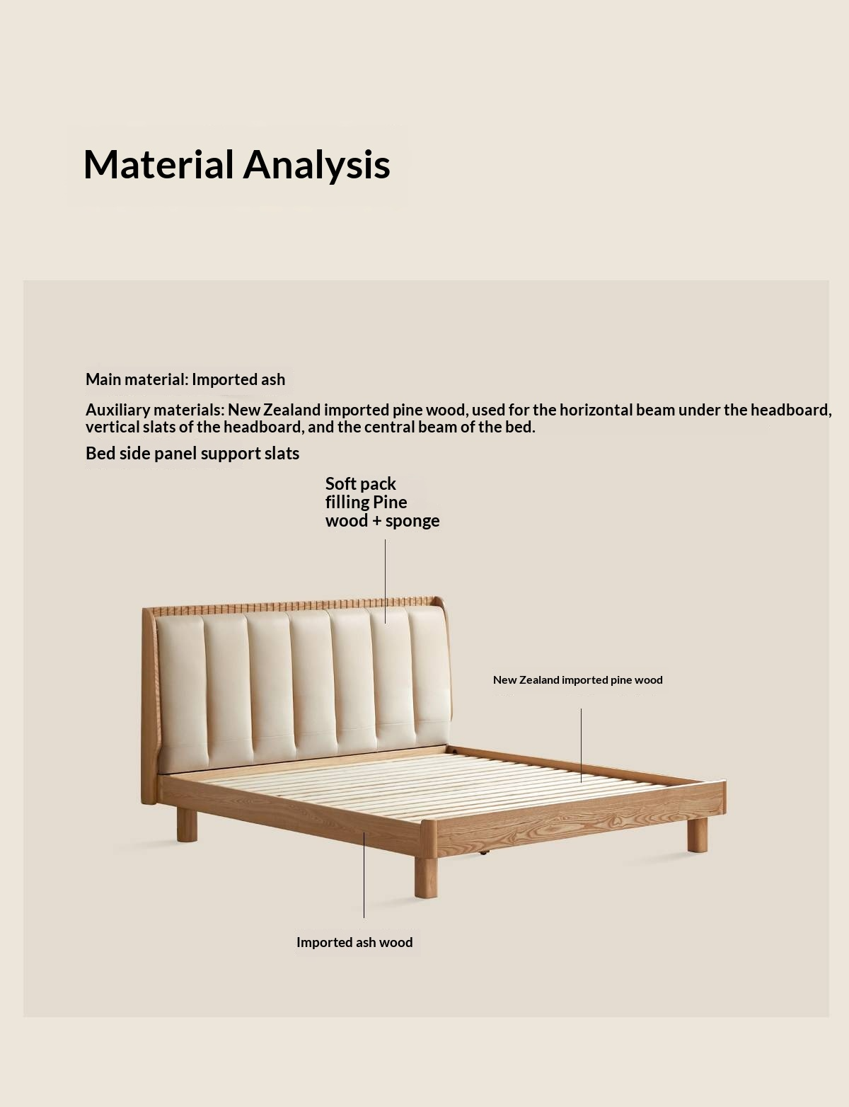 Ash Solid Wood Bed with Genuine Leather Upholstered Headboard