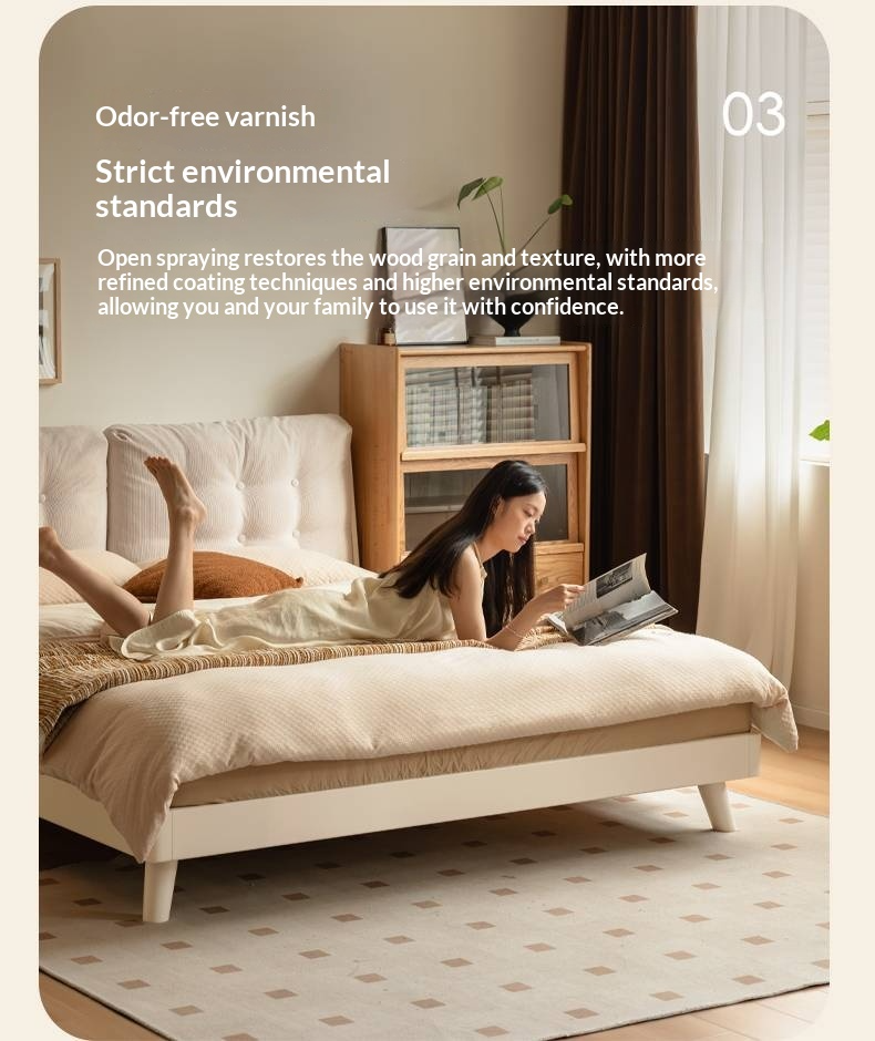 Oak, Rubberwood Solid Bed with Cream Finish — Casual Bedside with Soft Bag Backrest and White Soft Back