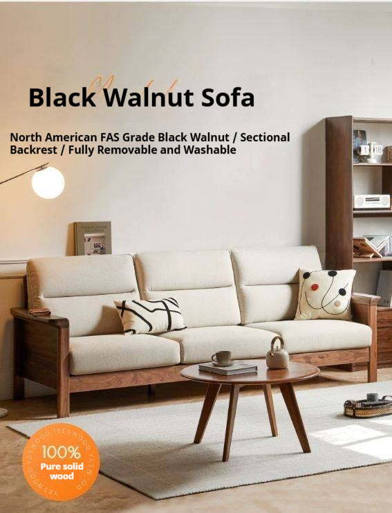 Black Walnut, Golden Rosewood Solid Wood Mid-Century Modern Fabric Sofa with Removable Covers, Loveseat, Sectional and Armchair