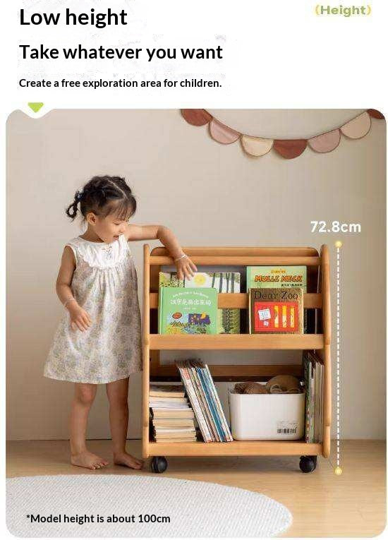 Beech, Poplar Solid Wood Movable Kids Bookshelf with Wheels, Multifunctional Storage