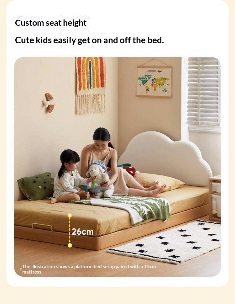 Beech Solid Wood Upholstered Kids Bed with Cloud-Shaped Headboard