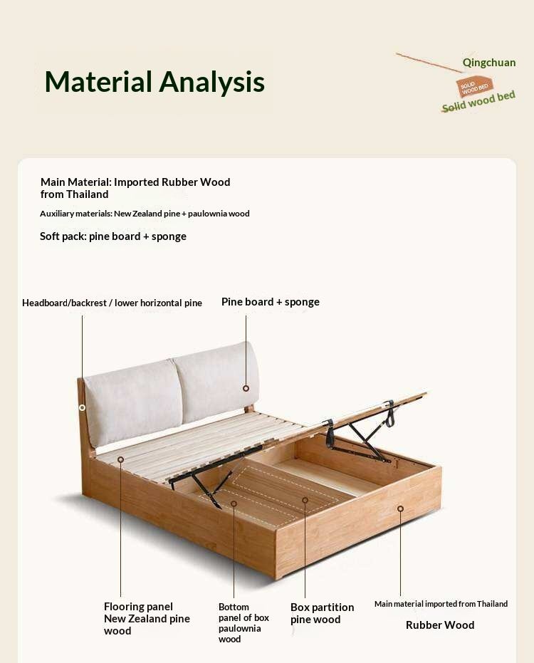 Rubberwood Solid Wood Storage Bed with Lift-Up Base and Soft Upholstered Headboard
