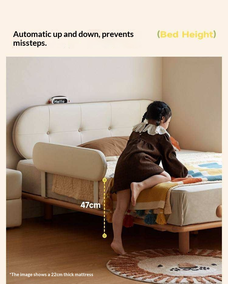 Beech Solid Wood Kids Floating Platform Bed with Upholstered Headboard and Optional Guardrails