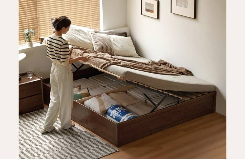 Oak, Rubberwood Solid Wood Platform Box Bed, Headboard-Free Bed Modern Minimalist