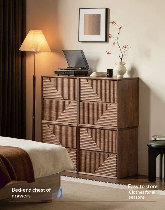 Black Walnut, Sandalwood Solid Wood Modular Storage Cabinet, Mid Century Dresser with Geometric Front Design