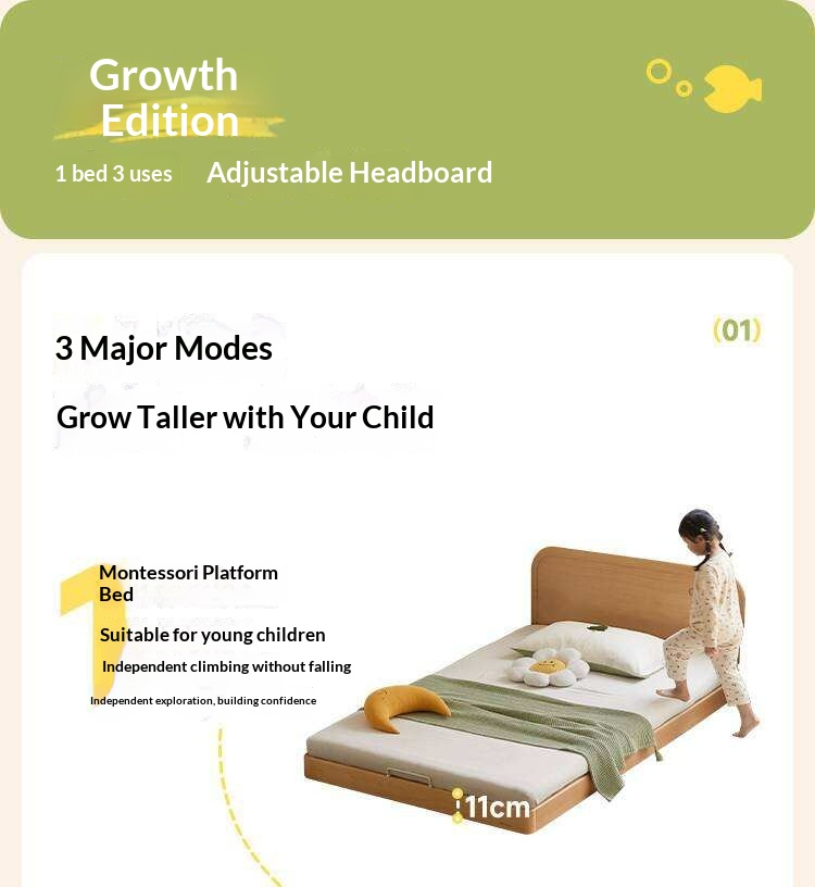 Beech Solid Wood Kids Platform Bed with Night Light