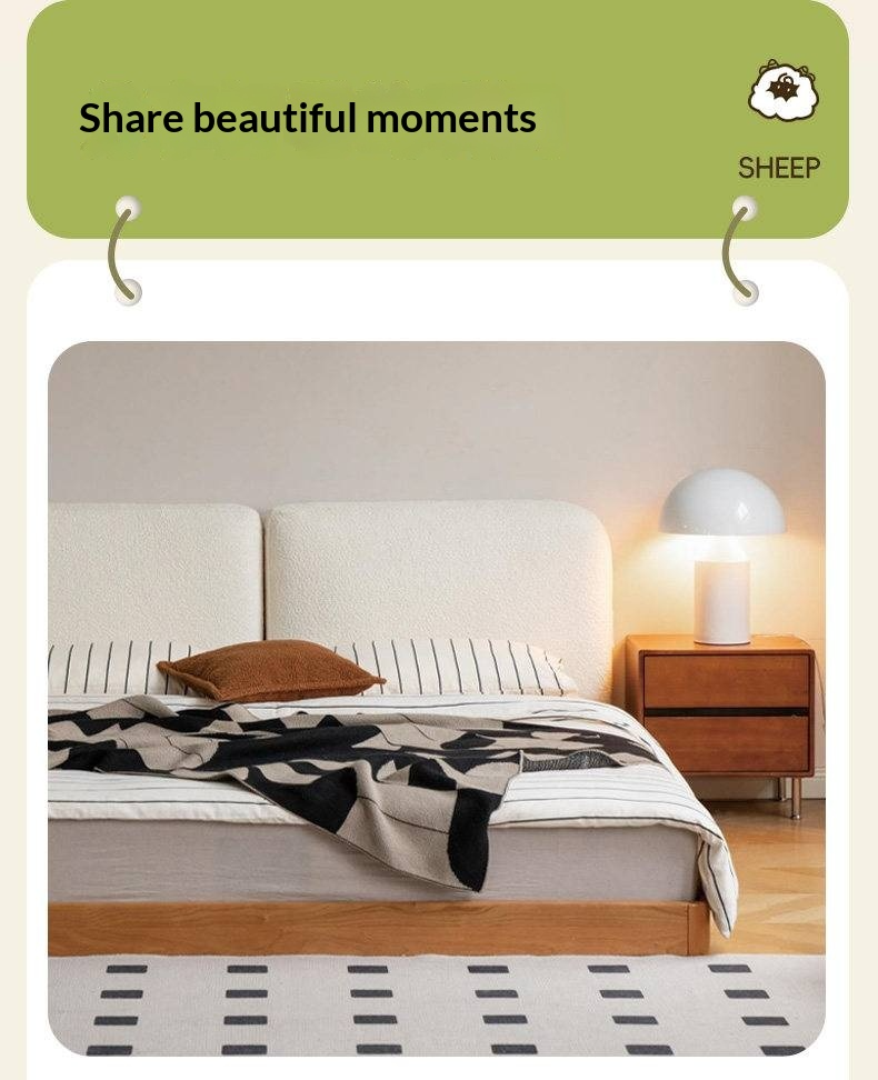 Cherry Solid Wood Upholstered Bed — Platform Bed, Headboard-Free Bed Floor Style, Simple Floating Bed