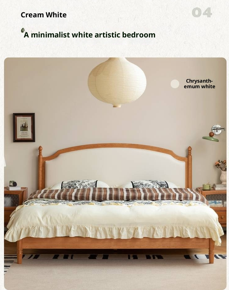 Cherry Solid Wood Soft Backrest Bed, French Retro Style