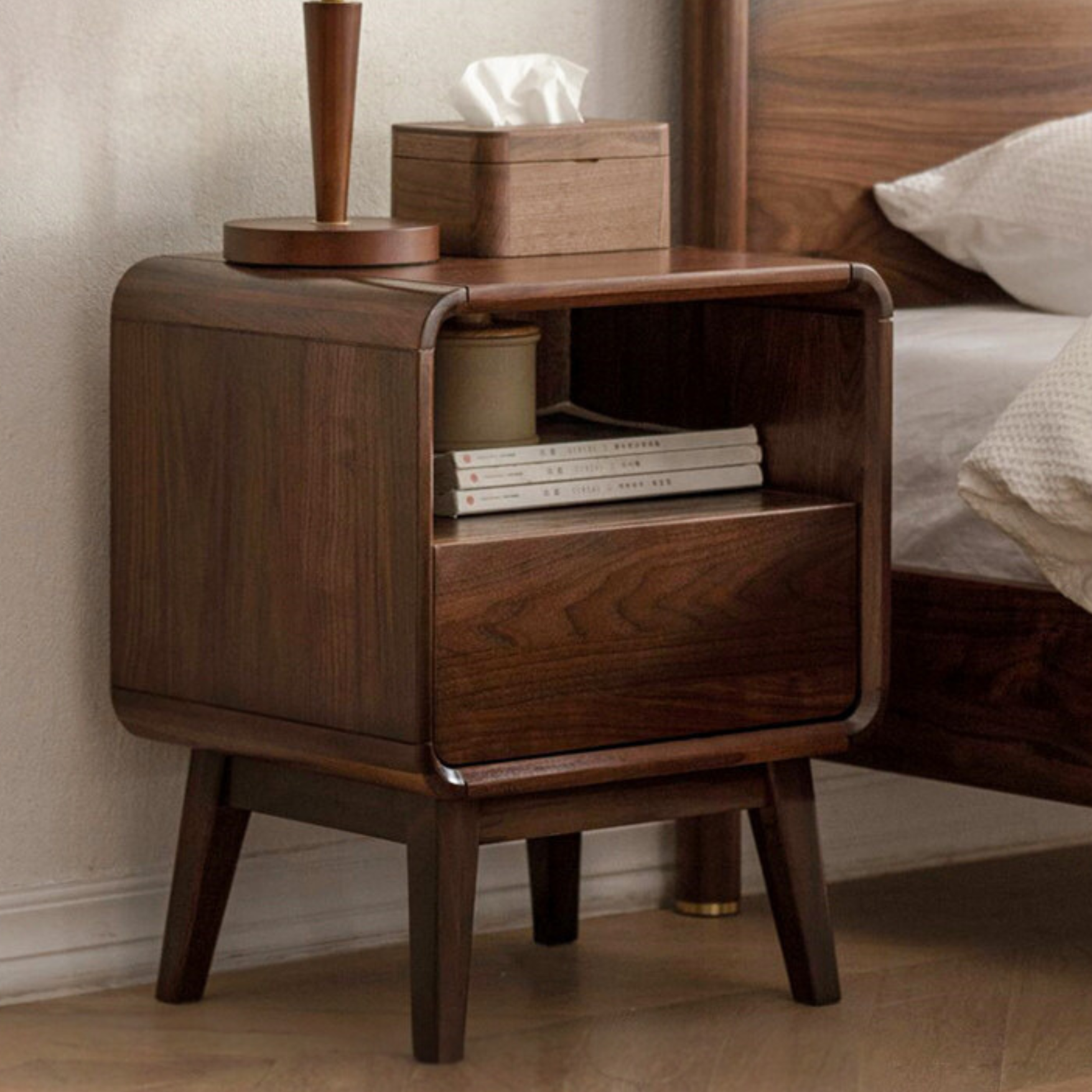 Black Walnut, Ash Solid Wood Modern Nightstand: