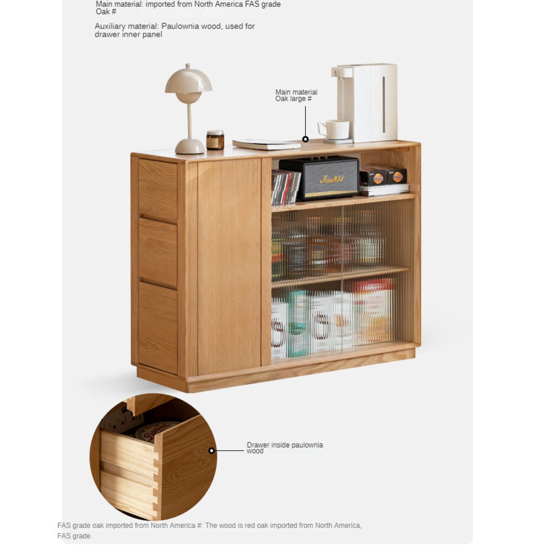 Oak Solid Wood, Solid RubberWood Nordic Modern Sideboard